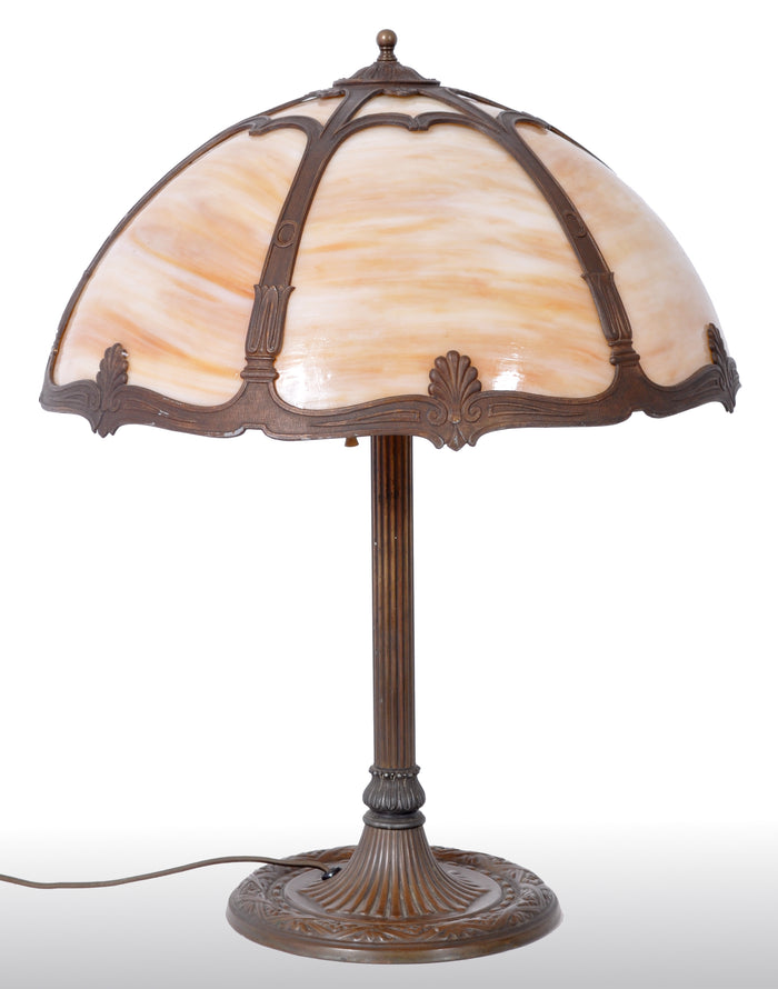 Antique American Art Nouveau Slag Glass and Bronze Table Lamp by Bradley & Hubbard, circa 1915