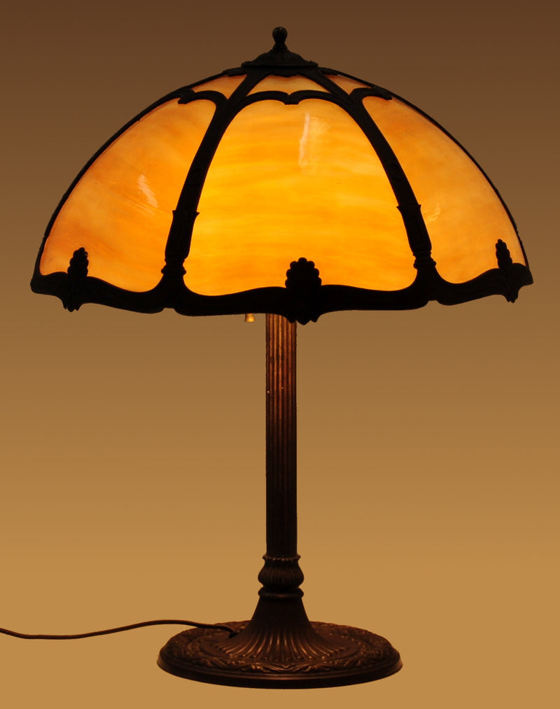 Antique American Art Nouveau Slag Glass and Bronze Table Lamp by Bradley & Hubbard, circa 1915