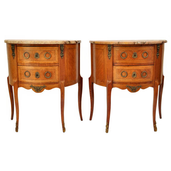 Pair of Antique French Louis XVI Walnut Marble & Ormolu Side Tables / Cabinets, circa 1880