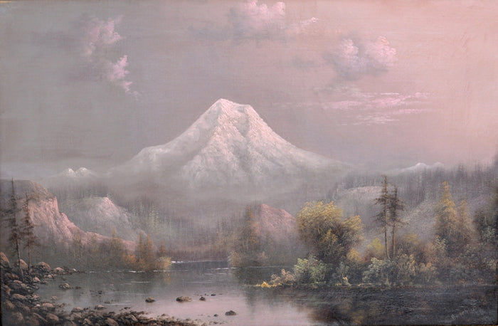 "Sunset on Mount Hood, Oregon," Antique Oil on Canvas by the Oregon Artist Eliza Barchus (1857-1959), Circa 1910