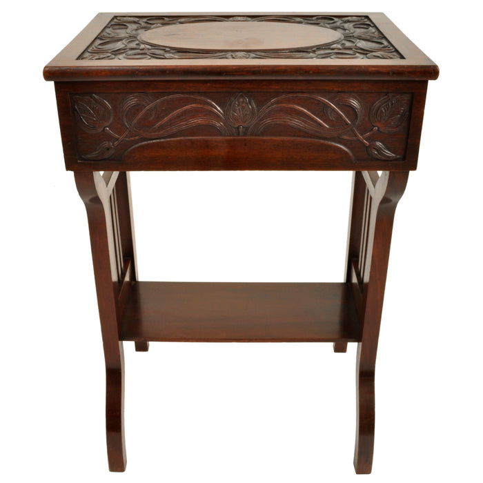 Antique Art Nouveau Scottish Arts & Crafts Carved Walnut Sewing Work Table, circa 1900