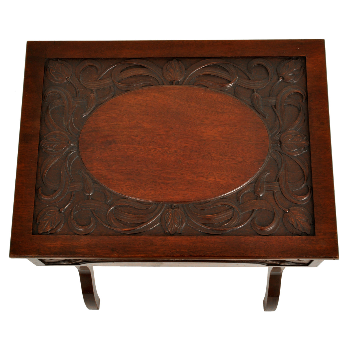 Antique Art Nouveau Scottish Arts & Crafts Carved Walnut Sewing Work Table, circa 1900