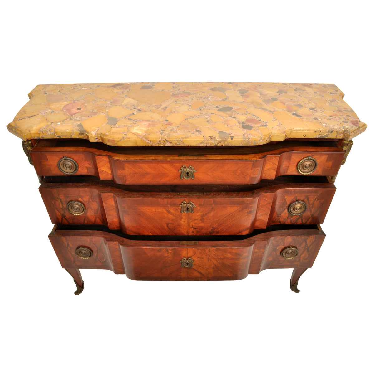 Antique French Louis XV Inlaid Parquetry Ormolu Marble Top Commode / Chest, circa 1780
