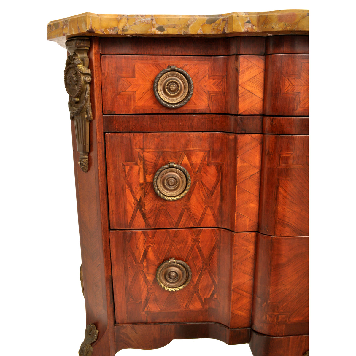 Antique French Louis XV Inlaid Parquetry Ormolu Marble Top Commode / Chest, circa 1780