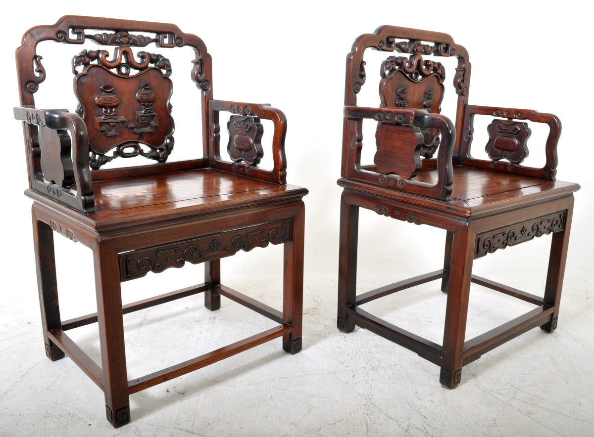 Pair of Antique 19th Century Carved Chinese Rosewood Arm Chairs, Circa 1860