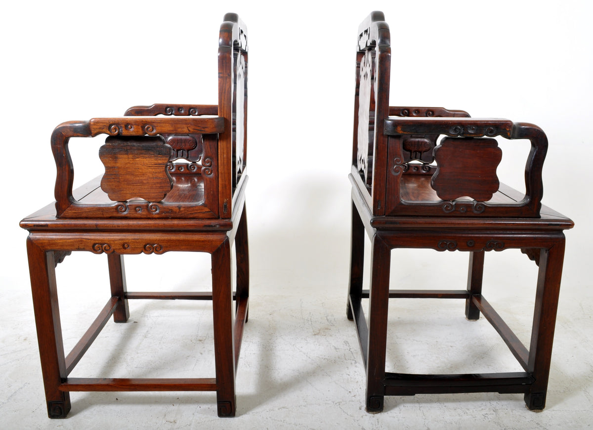 Pair of Antique 19th Century Carved Chinese Rosewood Arm Chairs, Circa 1860