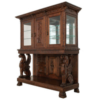 Antique Italian Carved Walnut Renaissance Revival Griffin Display Cabinet Buffet