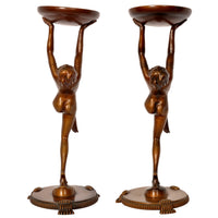 Antique Pair of French Art Deco Bronze Female Nude Dancers Statues Stands Circa 1925