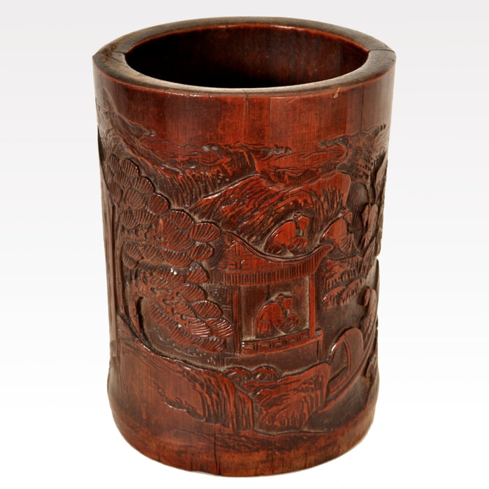 Antique Chinese Qing Dynasty Carved Bamboo Brush Pot, Circa 1850