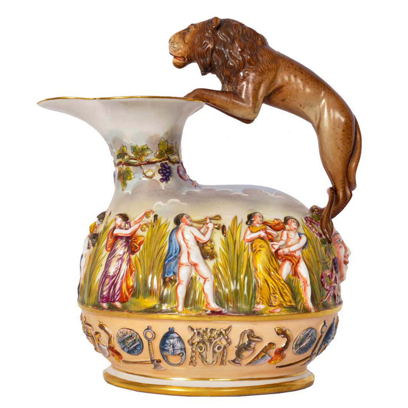 Antique Italian Porcelain Capodimonte Porcelain Lion Handle Pitcher Jug, Circa 1880