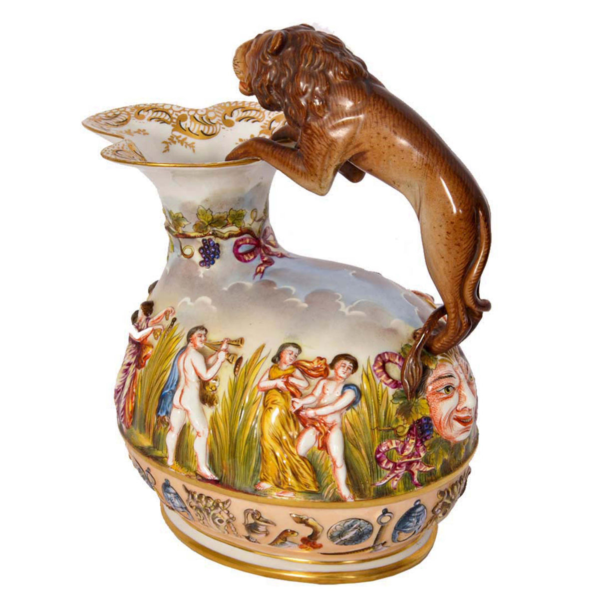 Antique Italian Porcelain Capodimonte Porcelain Lion Handle Pitcher Jug, Circa 1880
