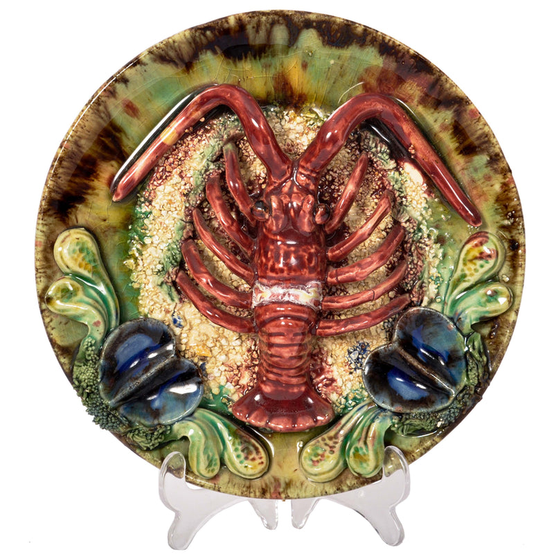 Antique Portuguese Pottery Palissy Style Majolica Lobster Wall Dish Plate, 1900