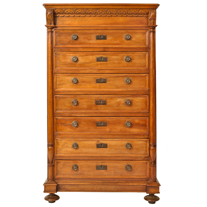 Antique French Louis XVI Cherry Semainier Seven Drawer Carved Chest Dresser Circa 1880