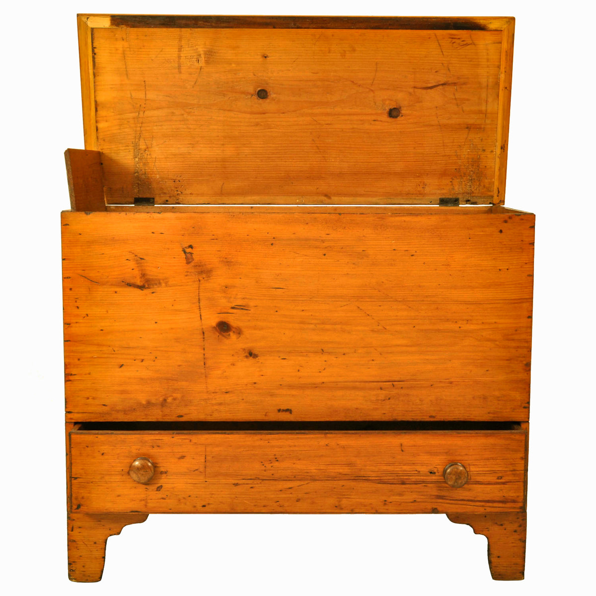 Antique New England Country Chippendale Pumpkin Pine Blanket Box Chest, 1790