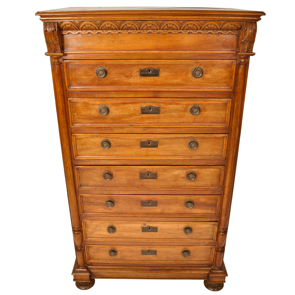 Antique French Louis XVI Cherry Semainier Seven Drawer Carved Chest Dresser Circa 1880