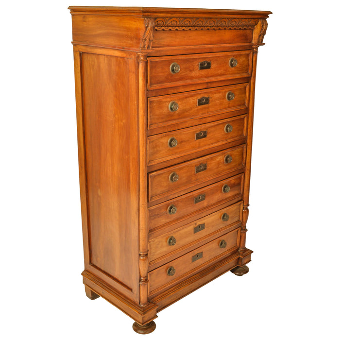 Antique French Louis XVI Cherry Semainier Seven Drawer Carved Chest Dresser Circa 1880
