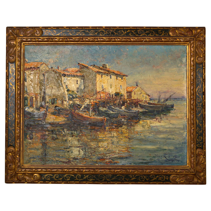 Edouard Ducros (1856-1936) French Impressionist Oil On Canvas Boats Harbor Scene Martigues 1930