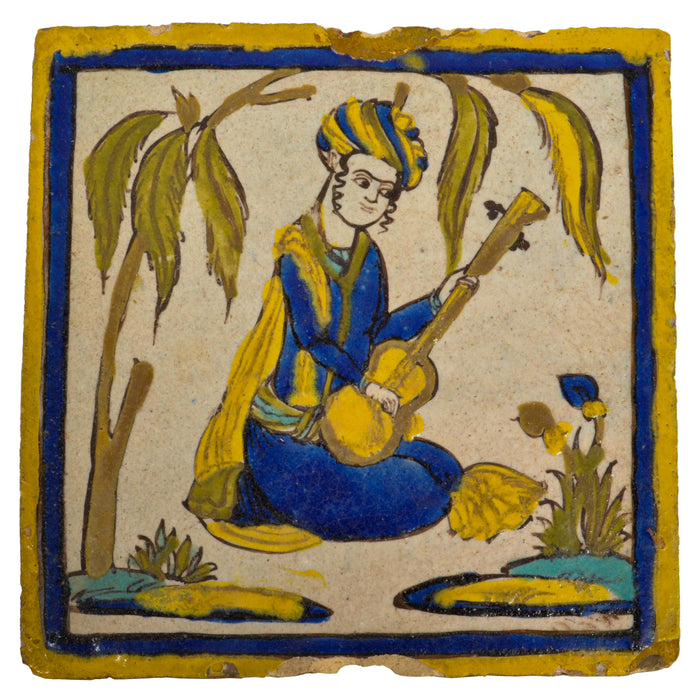 Antique 18th early 19th Century Persian Islamic Safavid Cuerda Seca Pottery Tile, Circa 1780