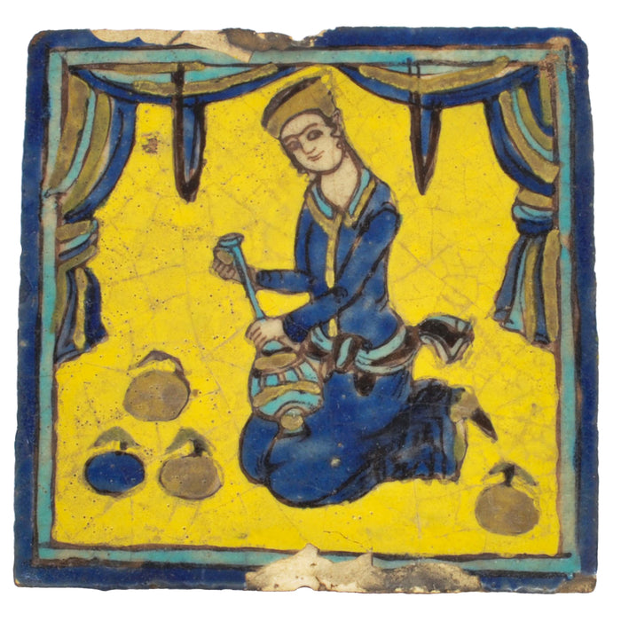 Antique Early 19th Century Persian Islamic Qajar Cuerda Seca Pottery Tile, Circa 1820