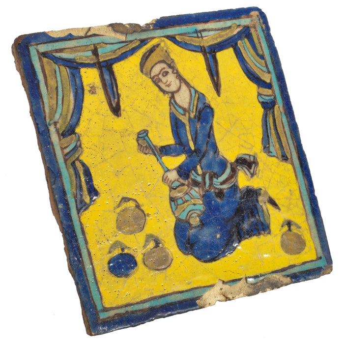 Antique Early 19th Century Persian Islamic Qajar Cuerda Seca Pottery Tile, Circa 1820