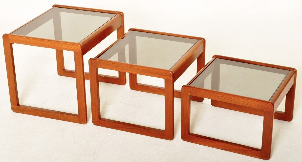 Mid-Century Modern Set of 3 Danish Teak Nesting Tables with Glass Tops, 1960s